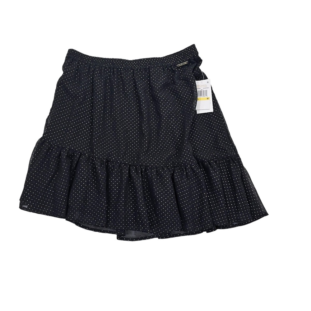 Michael Michael Kors Skirt Womens Medium Black Gold‎ Polka Dot Ruffle Hem